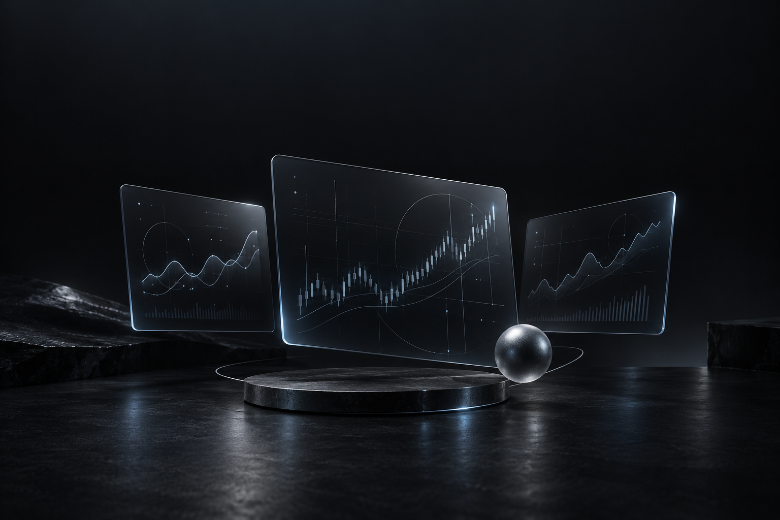 Floating graphite panels with soft blue reflections